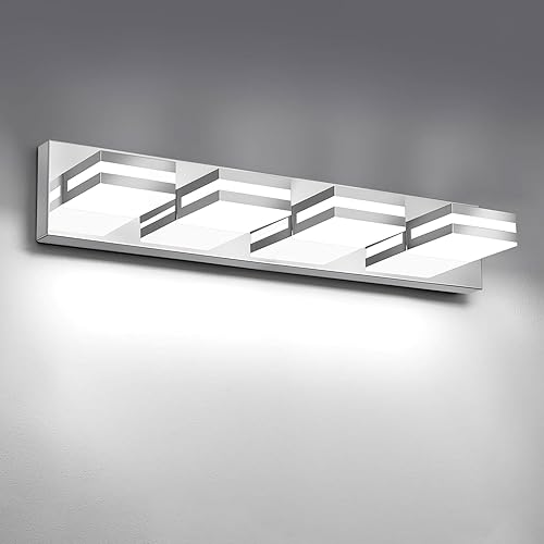 Miniatura 11 de IZORRO Lámparas de baño LED modernas (5 luces, regulables), iluminación de pared de acrílico cromado, luces de tocador para baño sobre espejo -