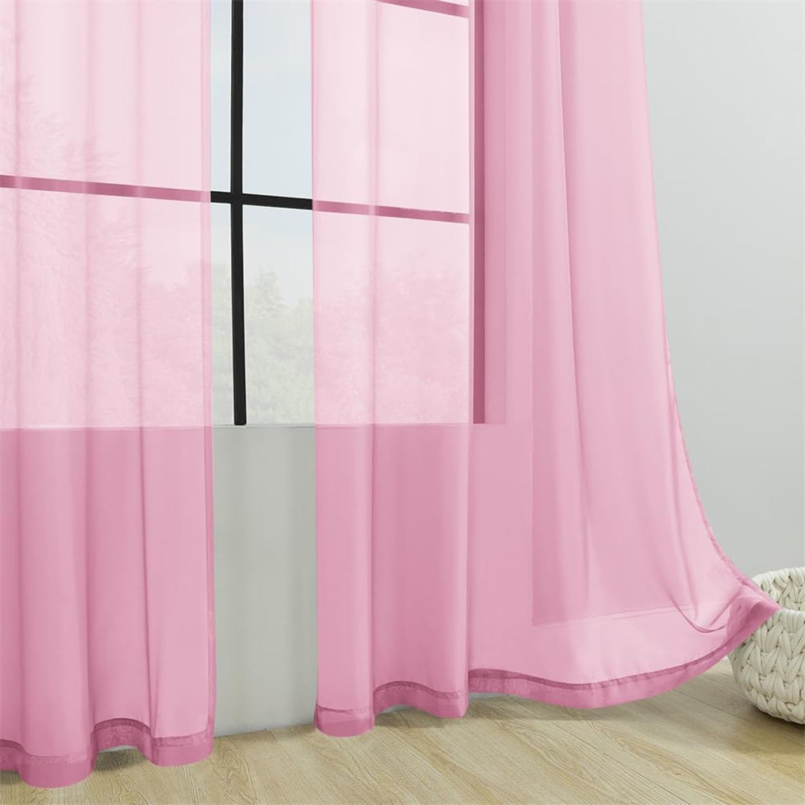 Ösenvorhang 180 x 250 cm Halbtransparent, Transparent Luftig, Einfache Montage, Weich Und Langlebig, Waschbare, mit Kräuselband Kurze Vorhänge für Esszimmer, Heimbüro, Rosa