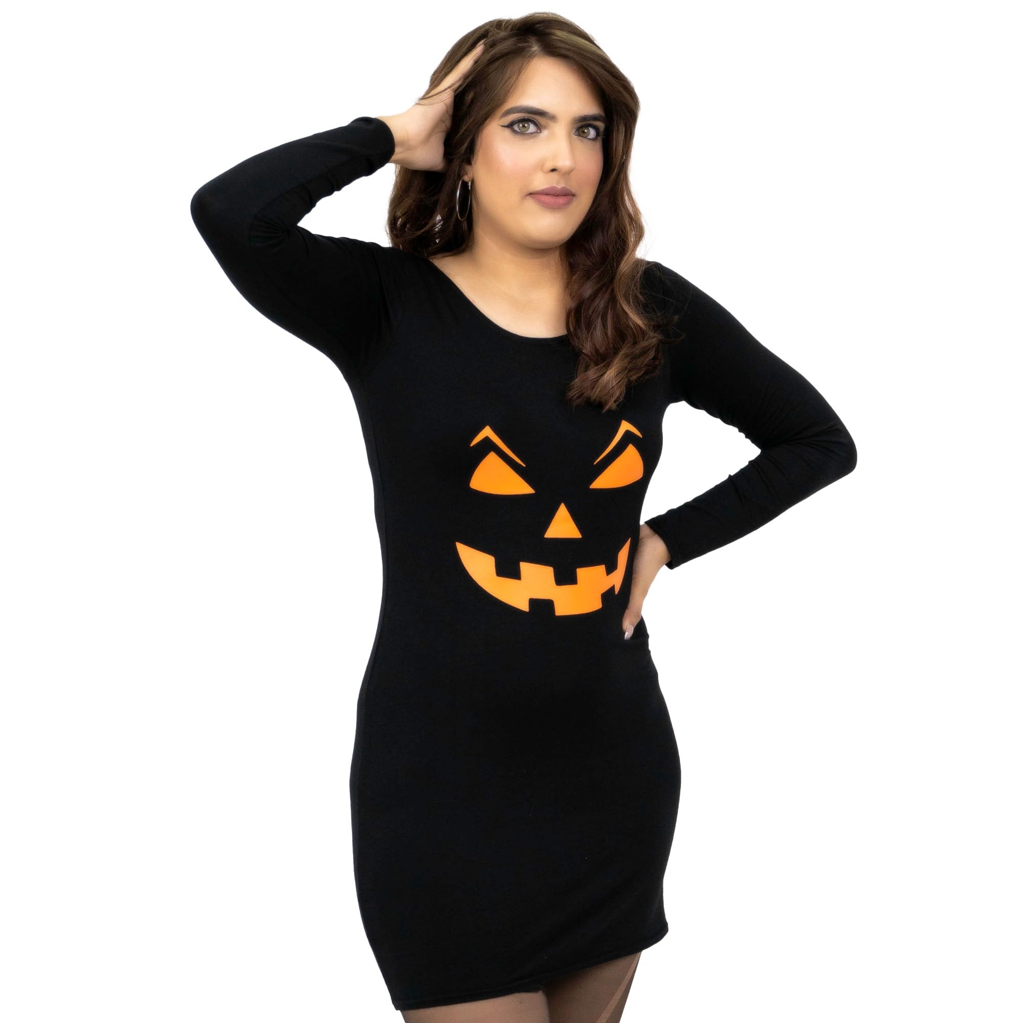 Noroze Women's Pumpkins Halloween Skeleton Pumpkin Printed Bodycon Dress Costume Spooky Scary Long Sleeve Midi Dresses Tunic Top Costumes (12, Pumpkin)
