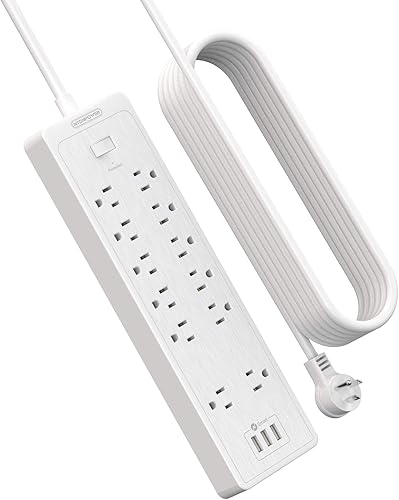 NTONPOWER - Cable de extensión de 25 pies, protector contra sobretensiones de 2100 julios con 12 salidas y 3 puertos USB, 1875 W15 A, protección
