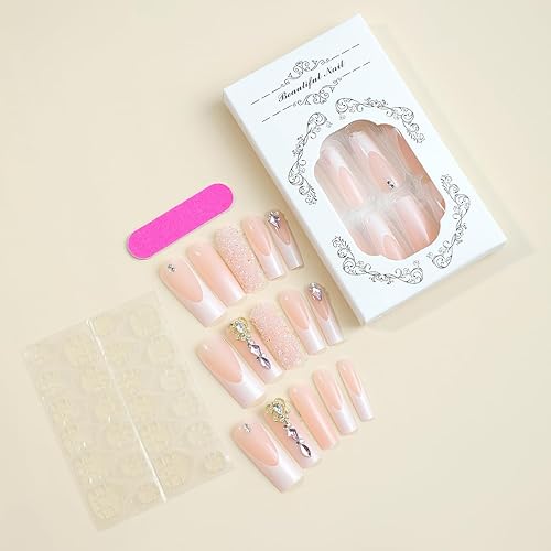 Miniatura 4 de Uñas postizas largas cuadradas a presión con diamantes de imitación con diseño de amor, uñas postizas de punta francesa, uñas postizas acrílicas