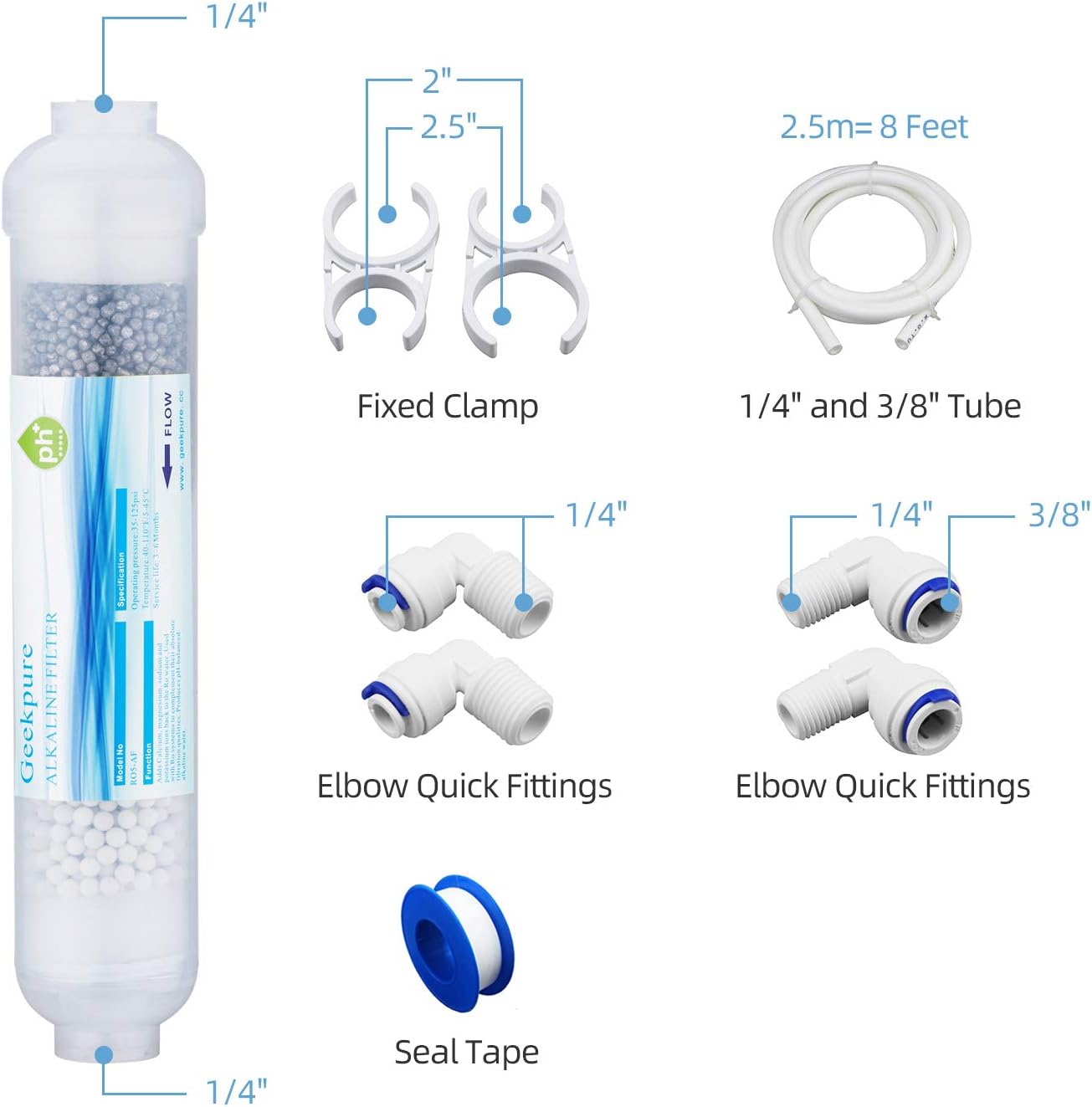 Geekpure 10-inch Universal Inline Alkaline Replacement Water Filter Kit pH+ for Reverse Osmosis System -1/4”Thread
