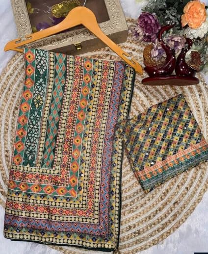 Image of Women's Chinon Silk Saree with Printed Design, Mirror Work & Zari Woven Detailing | Ethnic Wear Saree with Unstitched Blouse Piece | Traditional Festive & WeddingWear