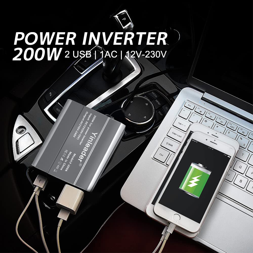 Yinleader Inverter da 200 W, 12 V a 230 V, 1 prese europee, 2 convertitori USB per auto, per caravan e campeggio