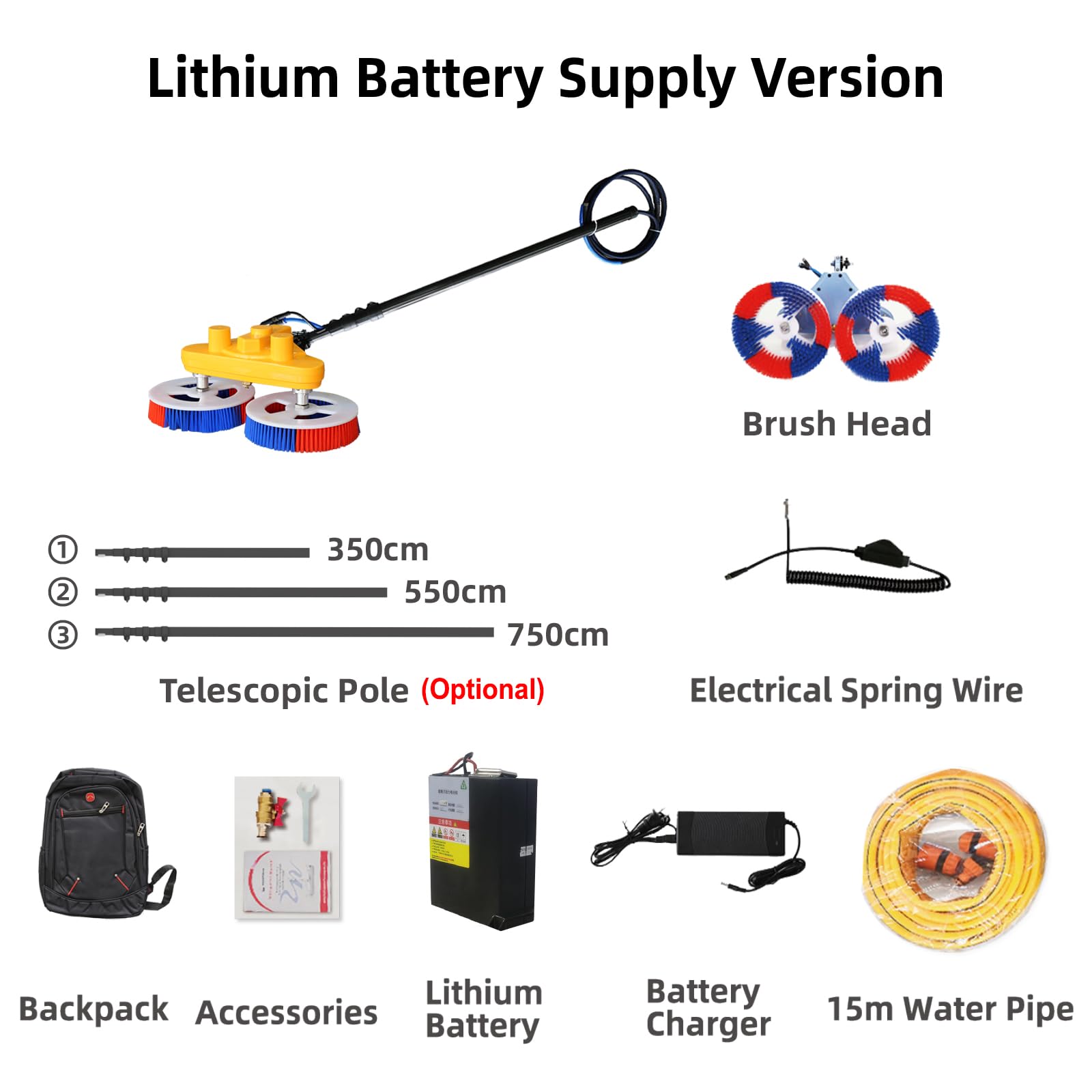Limpiadora de Paneles Solares | Cabezal de Cepillo de Doble Rotación・Sistema de Suministro de Agua | Limpiadora de Paneles Solares para Alturas (7.5m - Versión con Batería)