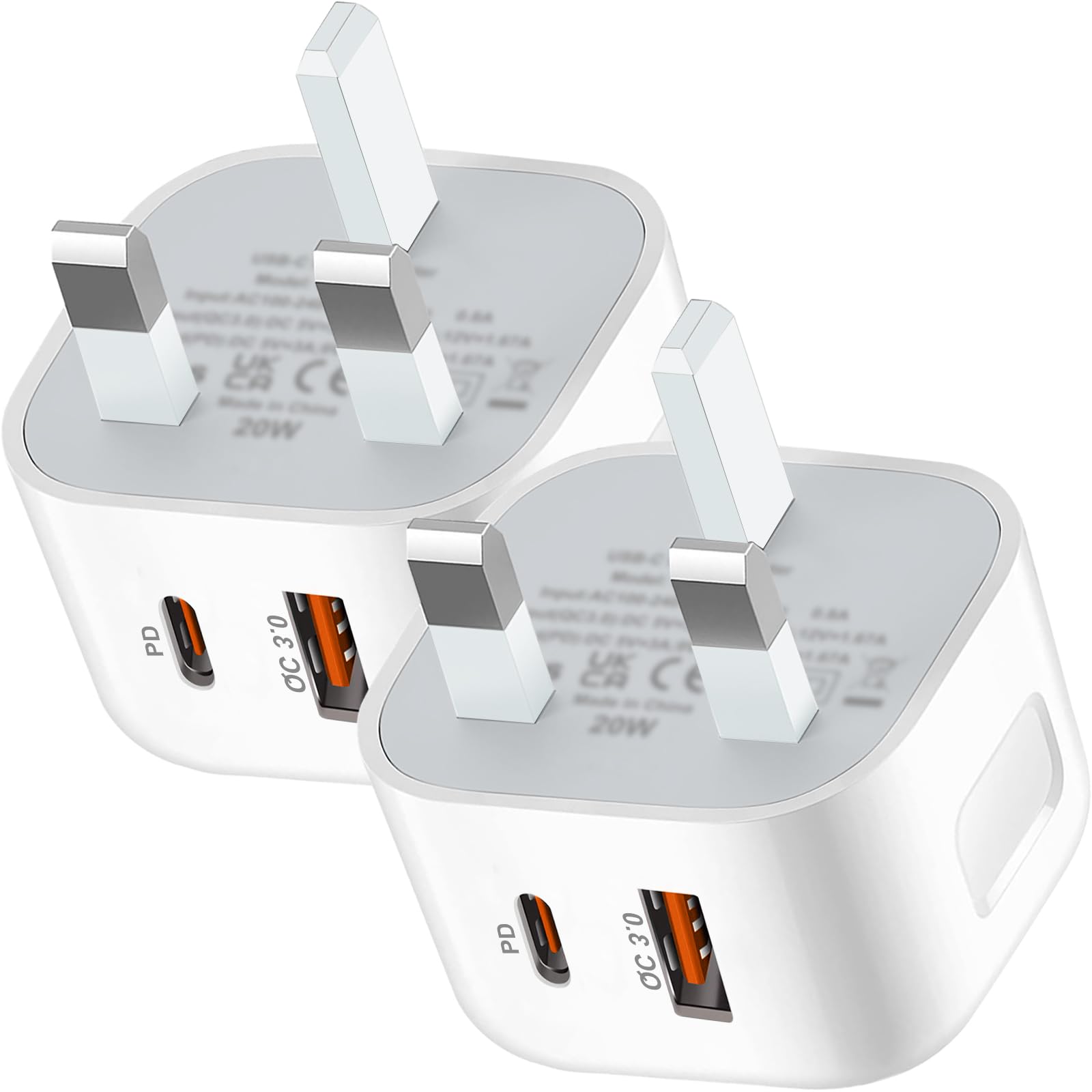 USB C Plug (2-Pack), 20W USB C Fast Charger Plug for iPhone UK Wall Power Adaptor Compatible with iPhone 16/15/14/14 Plus/14 Pro/14 Pro Max/13 12 11 X XR XS SE/Pad/More