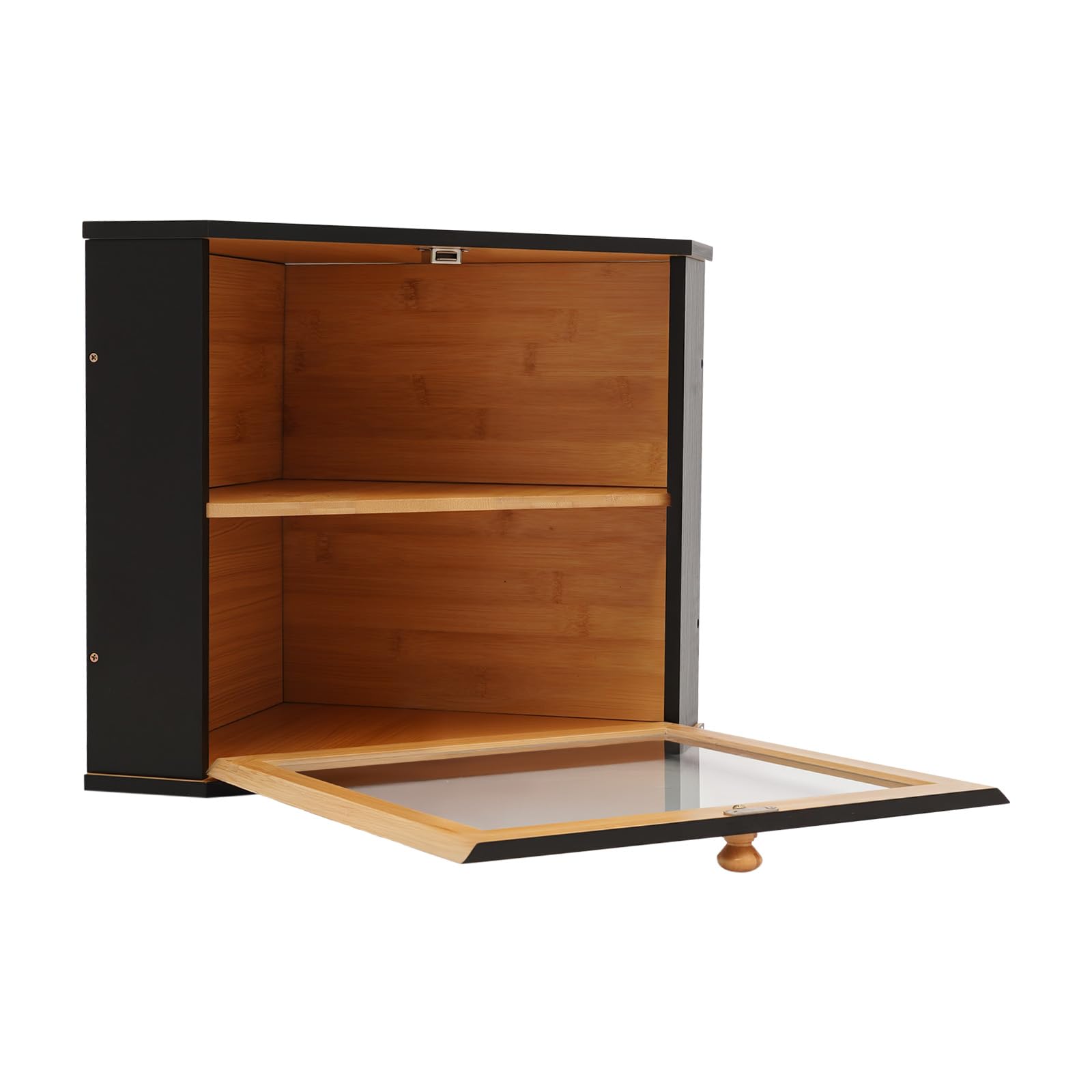Chlebak, 2-poziomowy bambusowy narożny chlebak, 2-poziomowy pojemnik na pieczywo z drewna, czarny, z zamknięciem magnetycznym i okienkiem, 32 x 32 x 34 cm