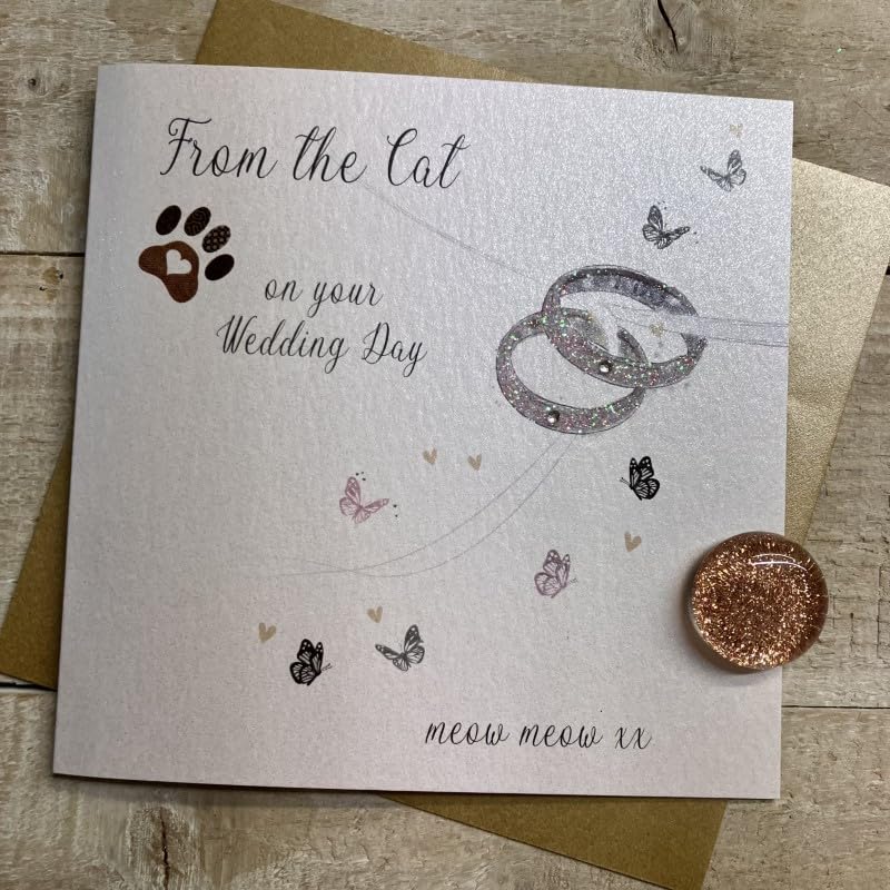WHITE COTTON CARDS FROM THE CAT - RINGS WEDDING CARD, HAND FINISHED (D253-C)