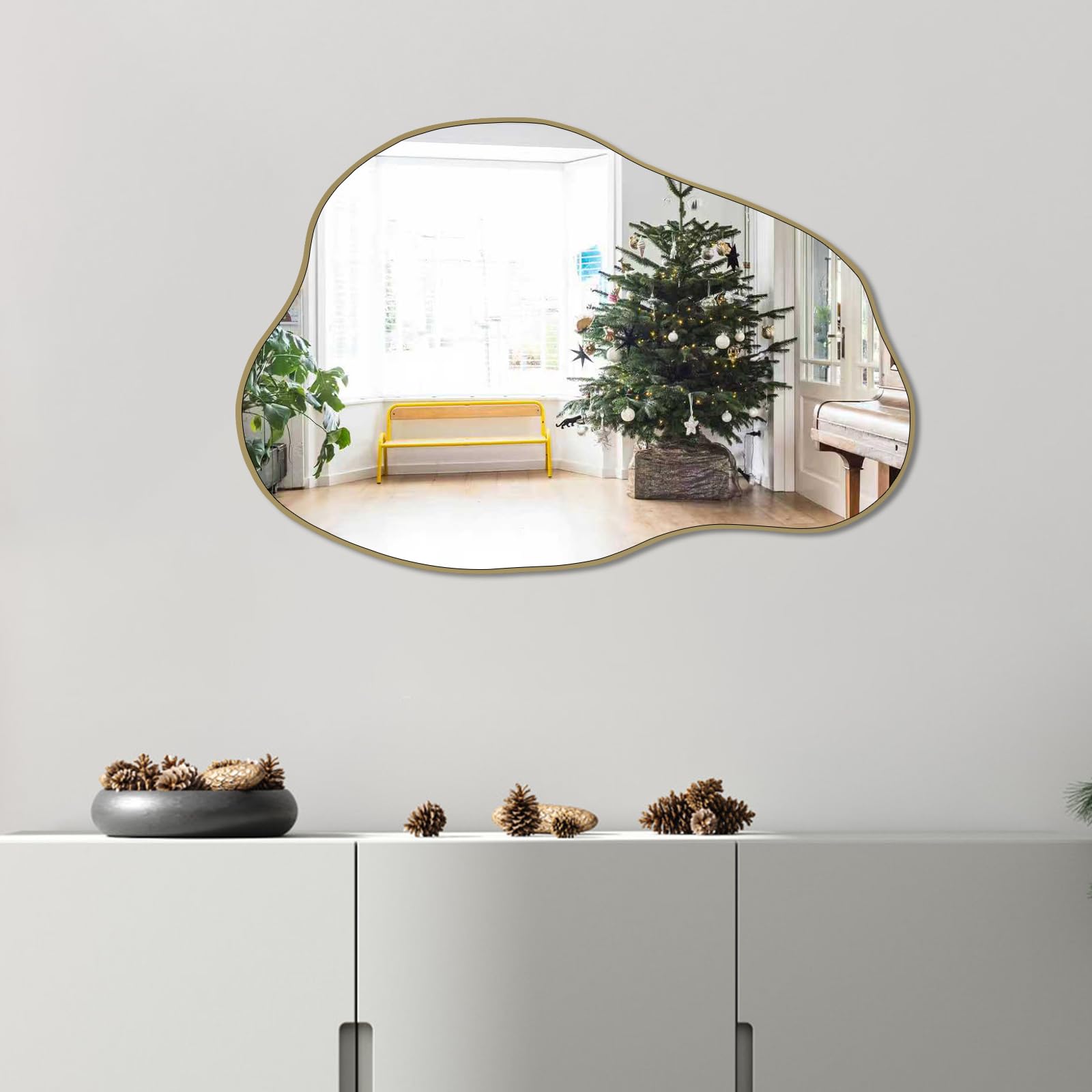 POZINO Gold Irregular Mirror, 30"x20.5" Cloud Shaped Mirrors, Unique Asymmetrical Wall Mirror, Modern Frameless Wall Mirrors for Living Room Bathroom Bedroom Entryway