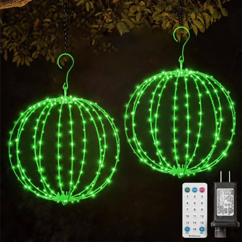 2 Pack Green Christmas Ball Light, 12IN Foldable Metal Sphere Lights, Connectable Waterproof 16 Modes with Timer, Hanging Tree Globe Lights for Holiday St. Patrick's Day Decorations