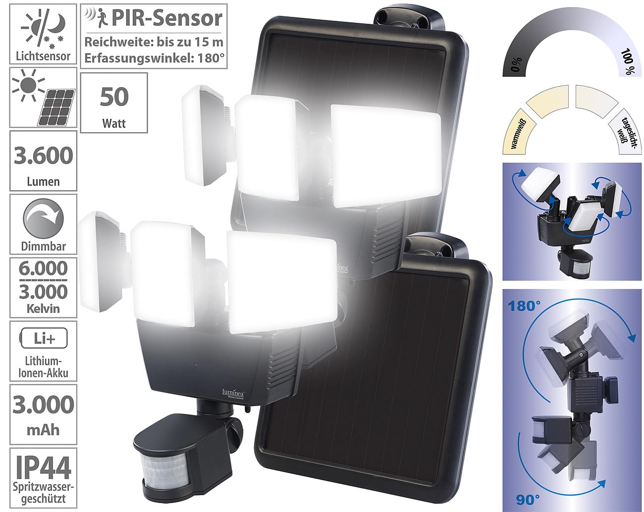 Luminea Solar LED Wandfluter: 2er-Set 3-fach-Solar-LED-Fluter für außen, PIR-Sensor, 3.600 lm (Scheinwerfer Bewegungsmelder, Wandstrahler)