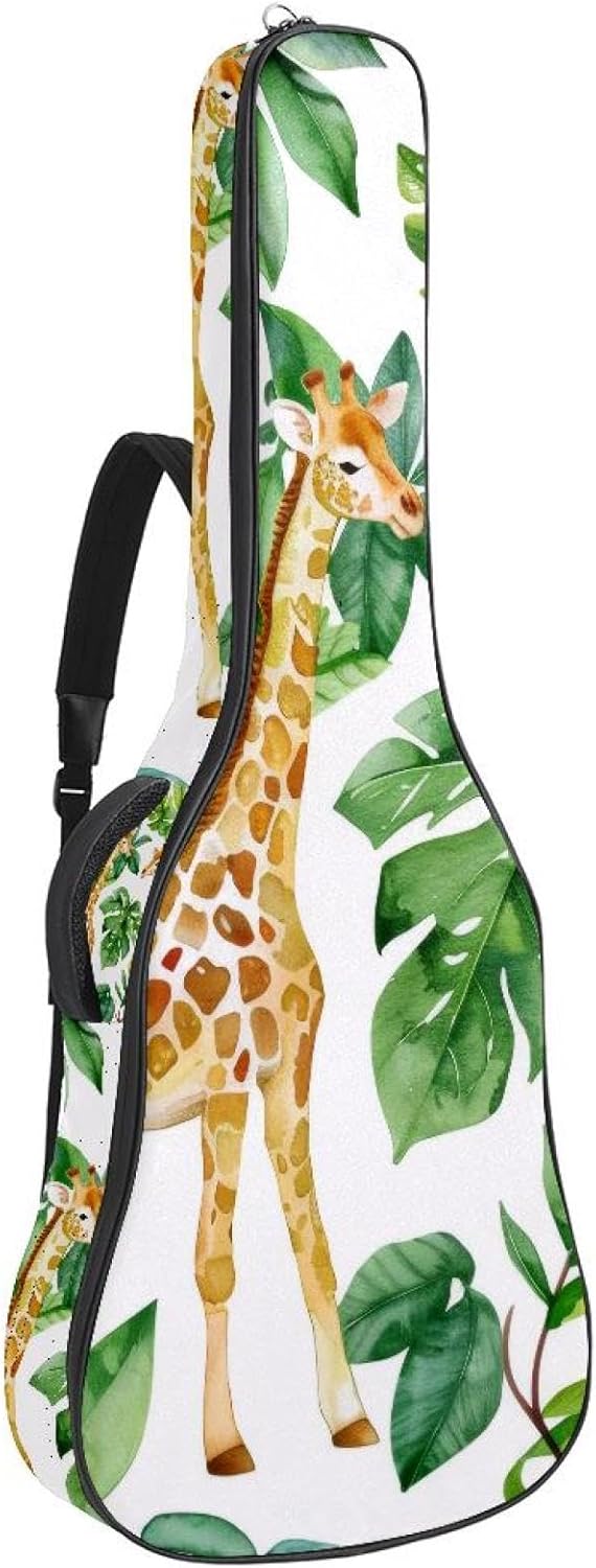 Acoustic Guitar Gig Bag 10mm Thick Padding, Soft Waterproof Guitar Case with Adjustable Backpack Straps for 40-42 Inch Guitar, Watercolor Cute Giraffe Jungle Pattern