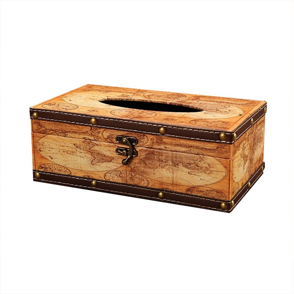 Vintage Chic Shabby Wooden Tissue Box Holder Rectangle Handcraft Tissue Paper Box Cover Napkin Organizer Holder Home Storage Room Office Car Decoration with Metal Lock (Black Map)