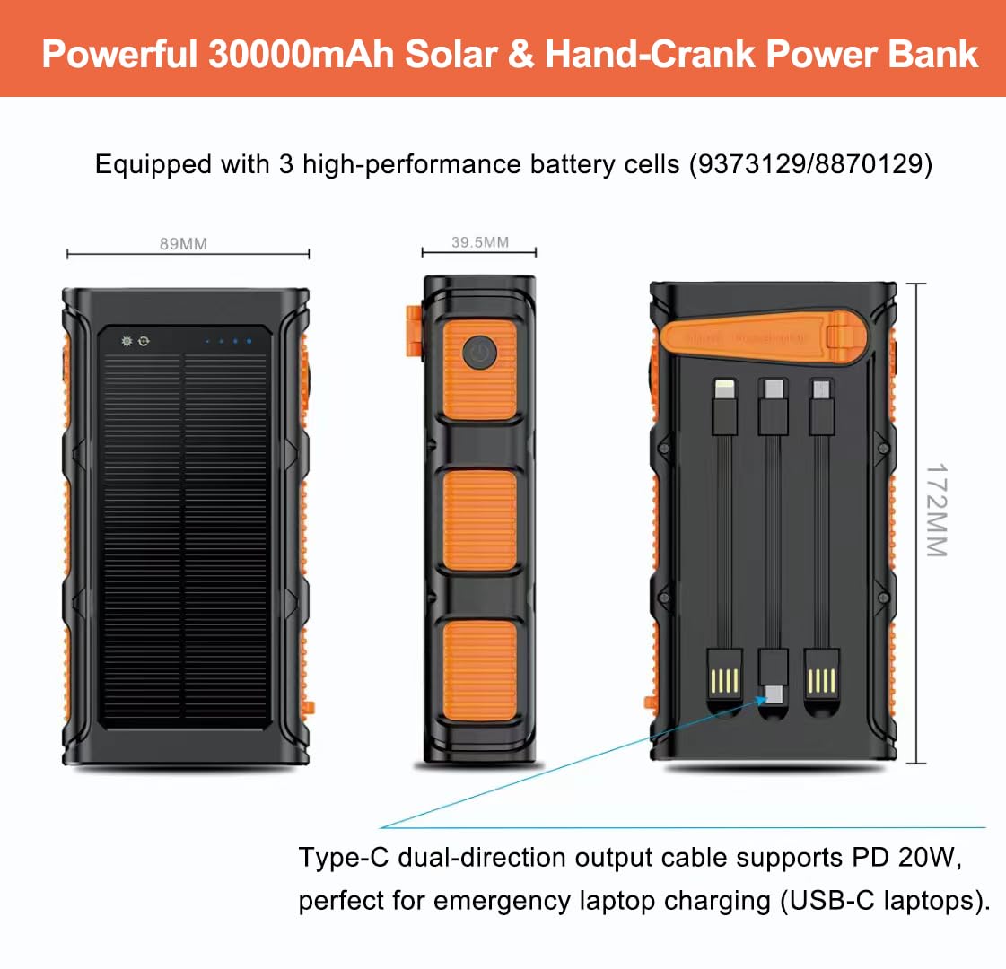 Cargador Solar Power Bank 30000mah Carga Rápida Batería Externa Inalámbrica con 3 Cables de Carga Integrados para Teléfono Tabletas