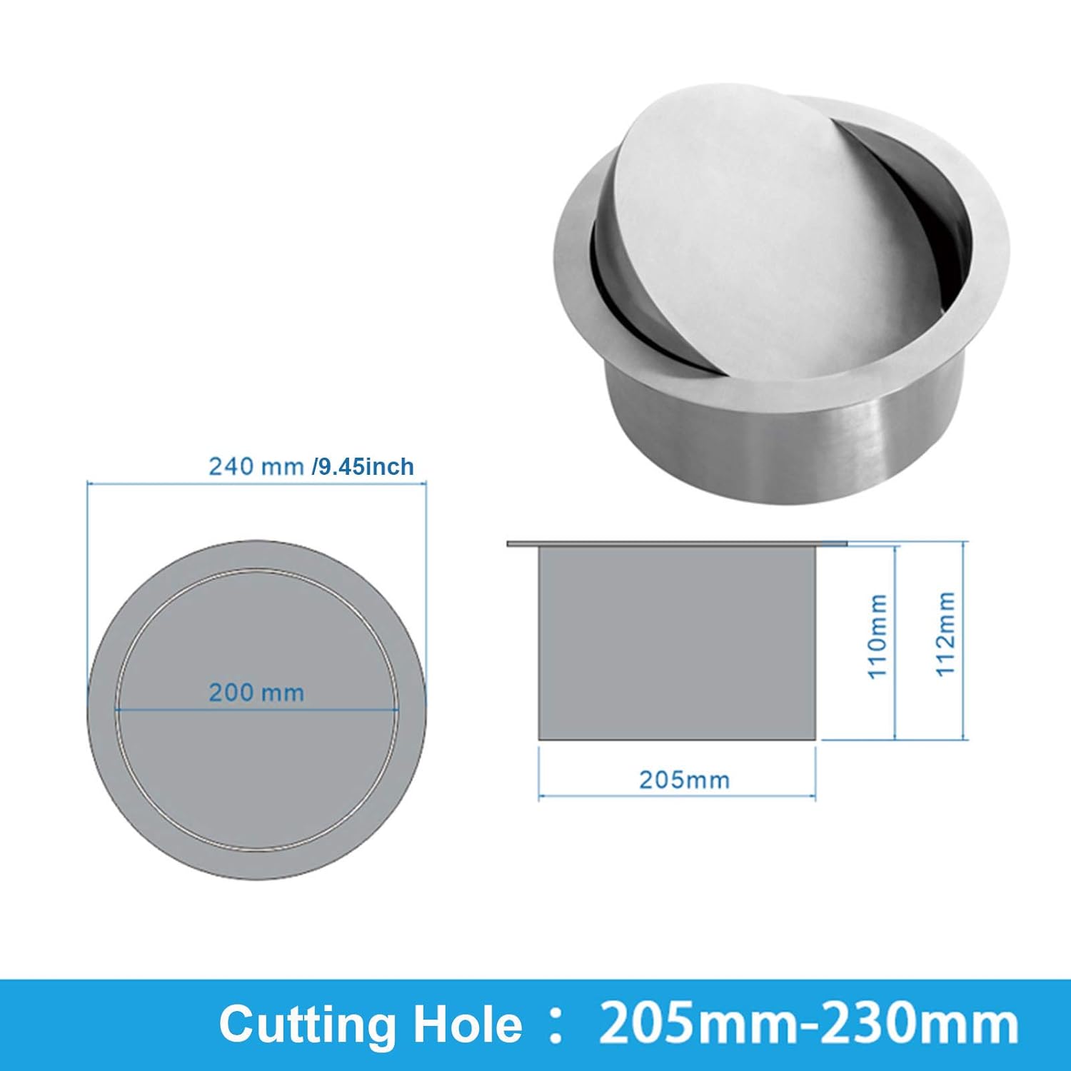 Built-in Countertop Trash and Waste Chute Lid - Round Stainless Steel Balance Flap Cover Flush Trash Grommet Swing Trash Can Lid（240mm）