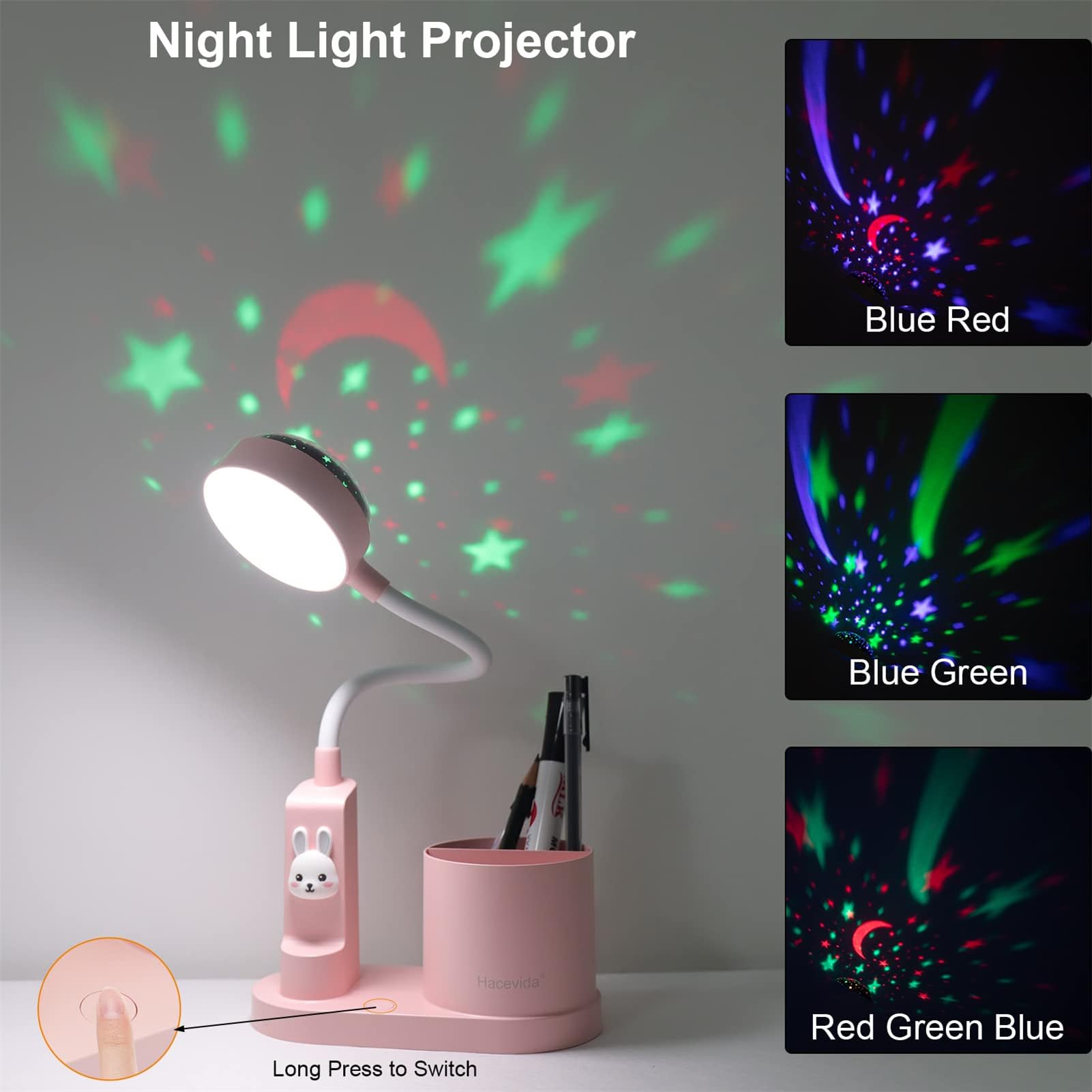 Lámpara de Escritorio LED, Flexo Infantil Niña 2000mAh Batería Recargable para Estudiar, Lámpara Escritorio Infantil USB 3 Niveles de Brillo, con Proyector de Estrellas y Portalápices, Rosa