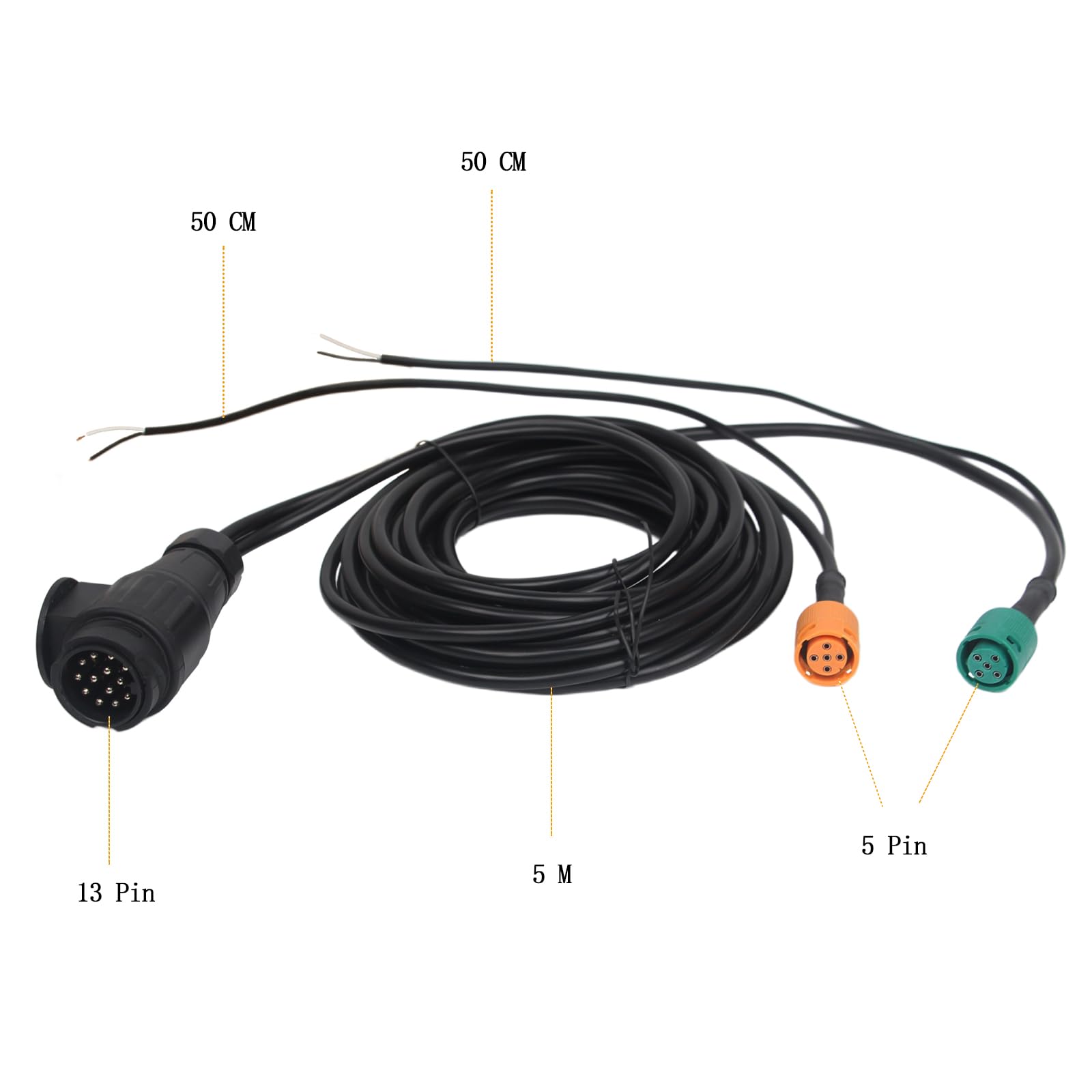 13-biegunowy zestaw kabli do przyczepy 5 m + 2 x 50 cm DC wyjście 8-biegunowe zajęte bagnetowe system wtykowy zabezpieczony przed wodą rozbryzgową do samochodów osobowych przyczep i przyczep