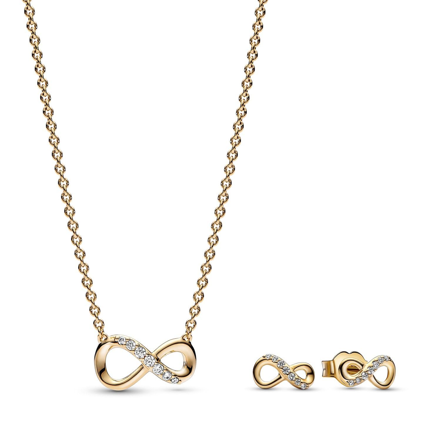 PANDORA Damen Schmuck-Set Funkelnde Unendlichkeit Goldfarben 68322 | Halskette mit passenden Ohrringen Geschenkidee für Frauen