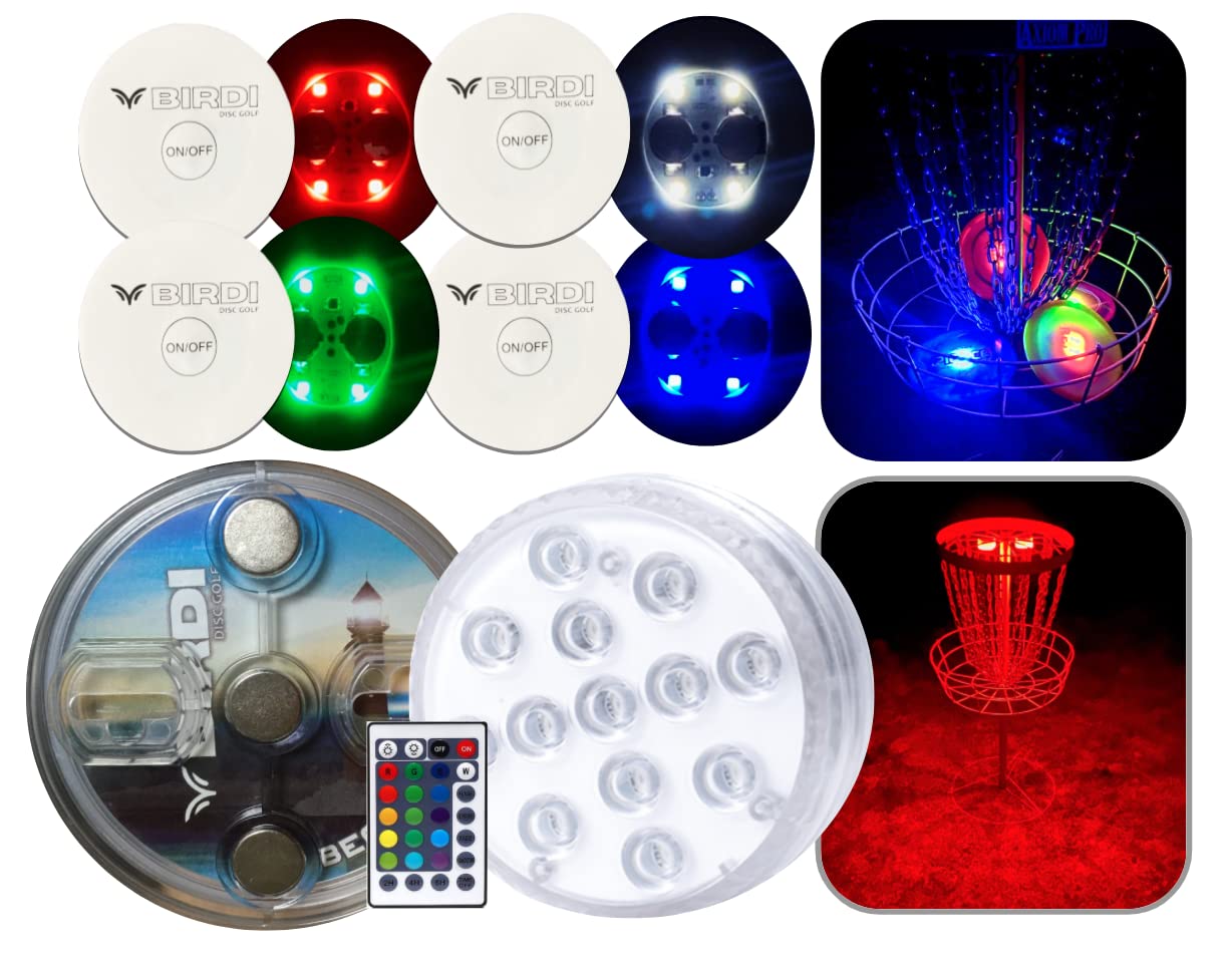 Disc Golf Light Set - Magnetic LED Disc Golf Basket Lights-Remote Controlled-LED-Flat Circular Quad-Lite LED Disc Golf Lights - Night Disc Golf Set - Glow Disc Golf Set - Disc Lights and Basket Lights