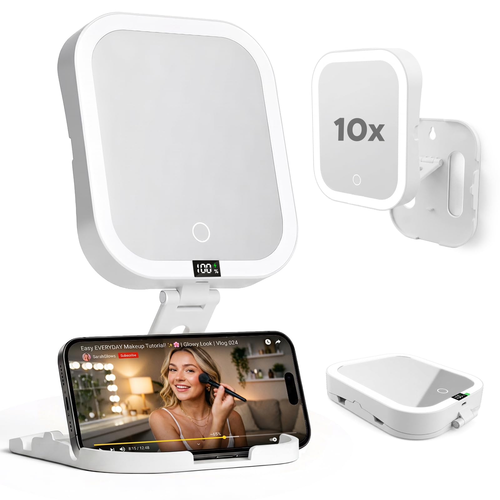 Listeadio Listeadio Travel Makeup Mirror with Lights, 10X/1X Magnifying Mirror, Adjustable Height Angle and Digital Power Display, 3 Colors Dimmable Rechargeable Led Compact Light, Foldable Portable for Travel