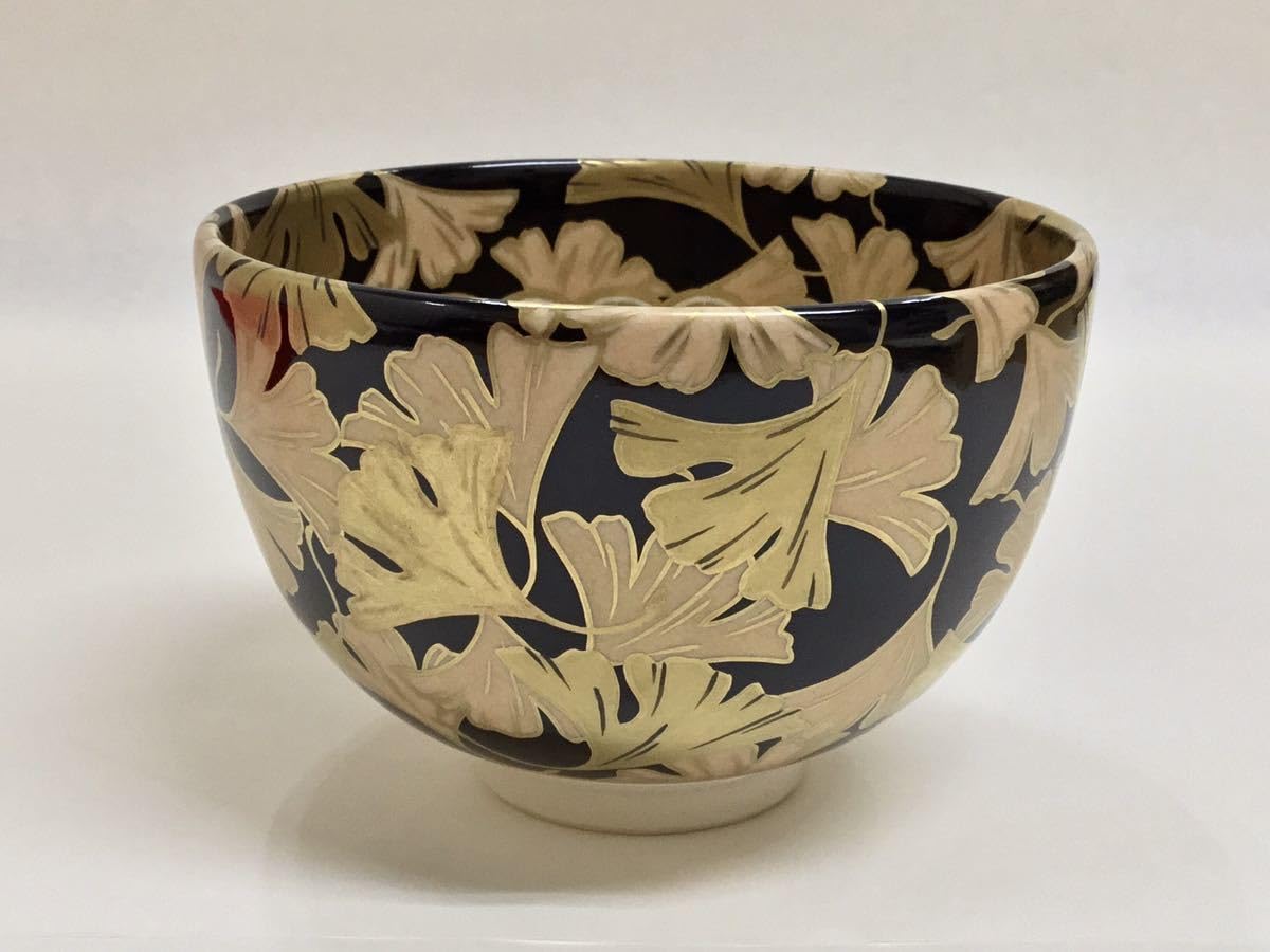 Amazon.co.jp: 茶道具 杉田眞龍 茶碗 黒地 金彩銀杏 小判印 清閑寺窯