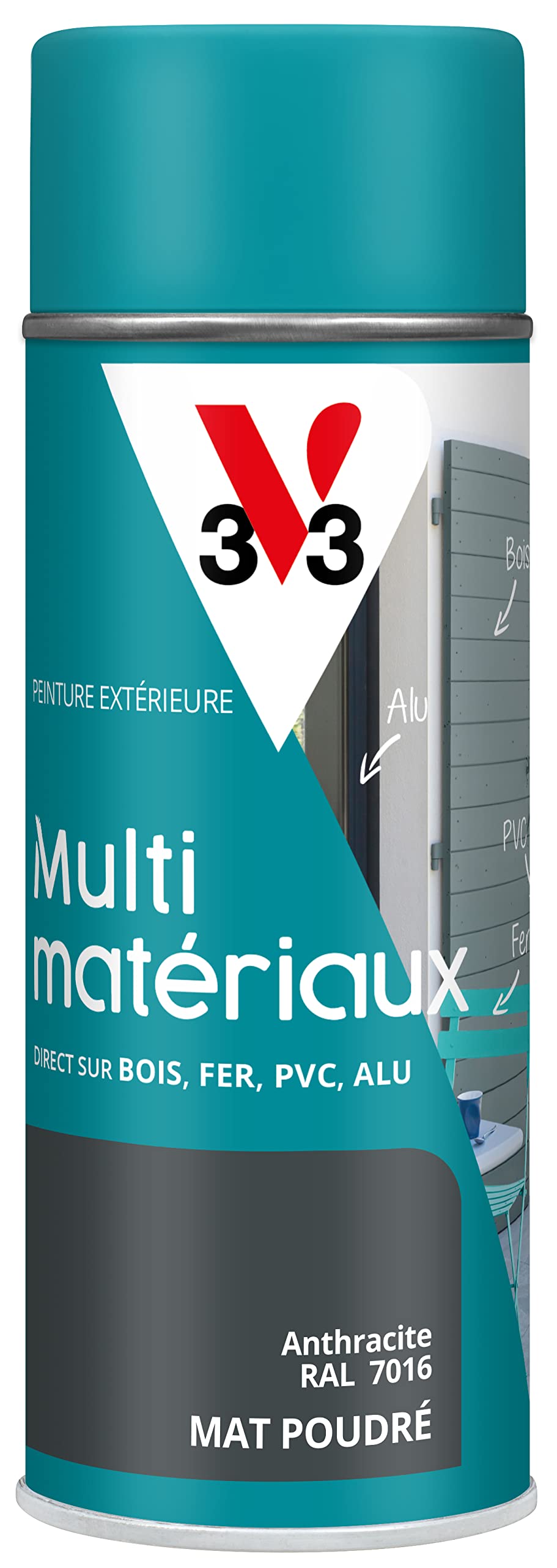V33 Aérosol Peinture Extérieure Multi-matériaux Antirouille RAL 7016 Anthracite Poudré 400ml