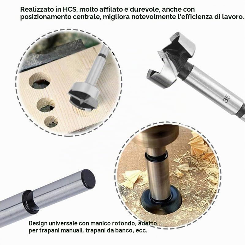 Set di punte Forstner, 5 pezzi da 15-35 mm, punte per trapano in acciaio ad alta resistenza, albero esagonale, sega per fori extra lunga, utensile per la lavorazione del legno