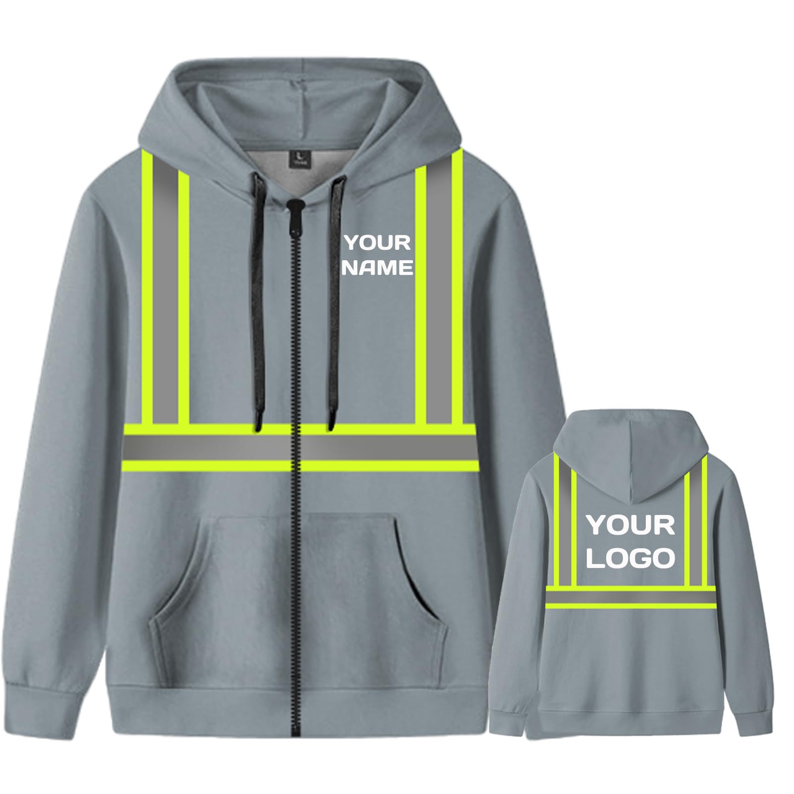 YOWESHOP Reflective Safety Hoodie with Custom Name and Logo?Sweatshirt with Zipper Pockets for Men?L?Grey3