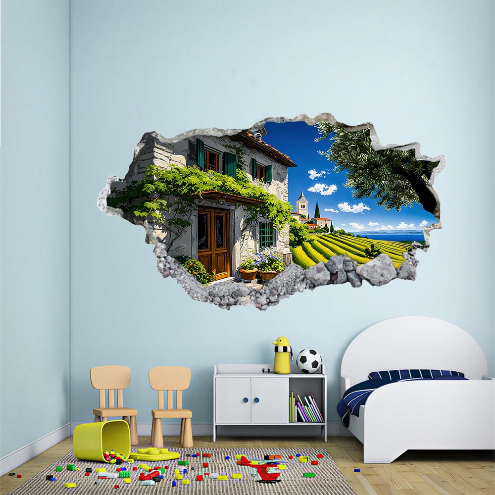 Wandtattoo 3D Durchbruch Hausbaum Wandsticker Wanddekoration selbstklebend Ländliche Frühlingslandschaft Wandaufkleber Deko Schlafzimmer Wohnzimmer Kinderzimmer Kunst Wohnkultur Wandbilder