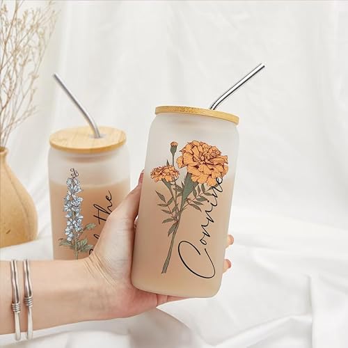 Miniatura 5 de Taza de cristal con nombre personalizado con flor de nacimiento, regalo de dama de honor de café helado personalizado para ella, amiga, cumpleaños,