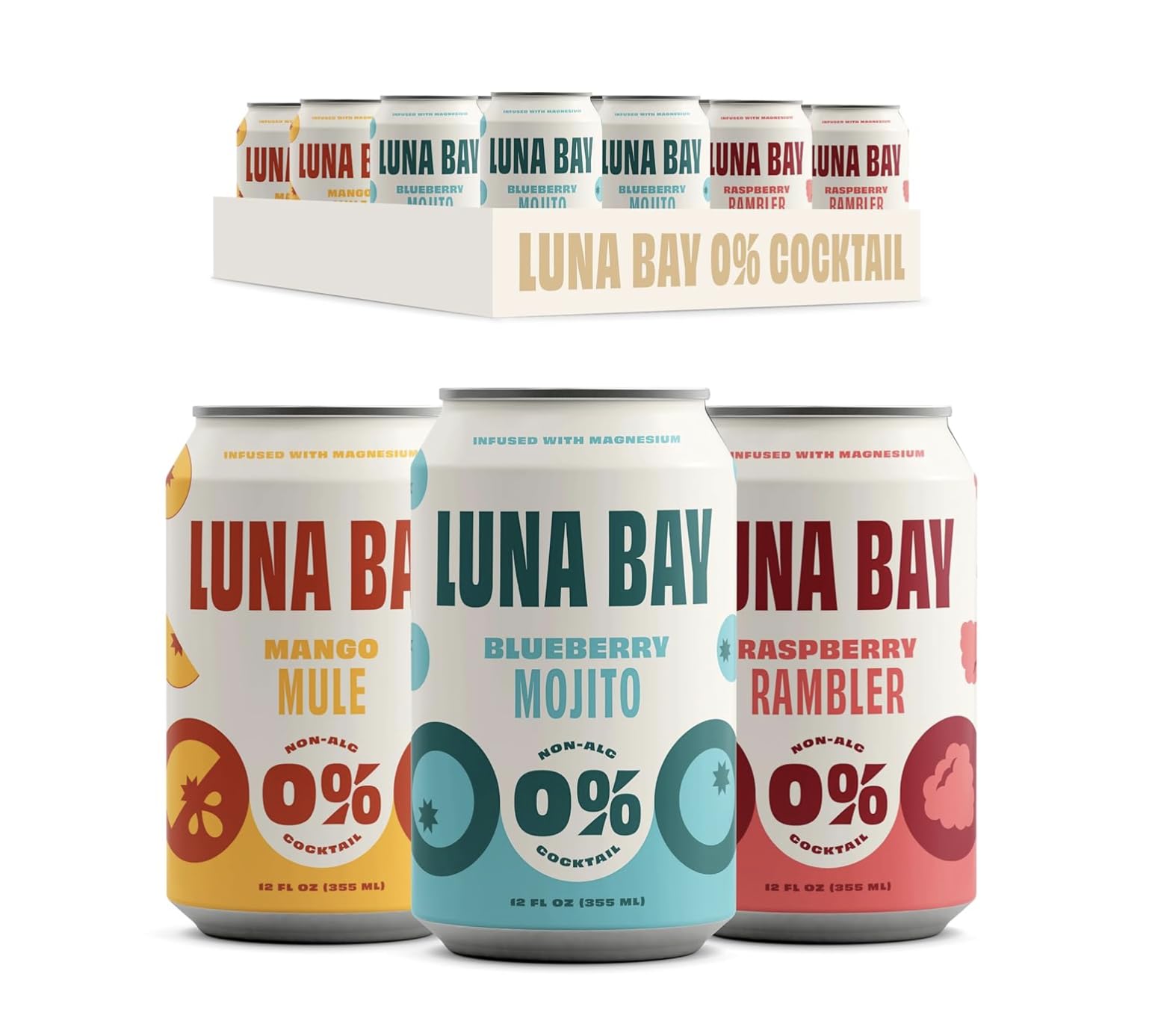 Luna Bay Zero Percent Tea Mocktail - Sparkling Tea Non-Alcoholic Beverage, Non-GMO, Vegan and Gluten Free - Variety Pack - Mango Mule, Blueberry Mint Mojito, Raspberry Rambler (12 Pack, 12 fl oz Cans)