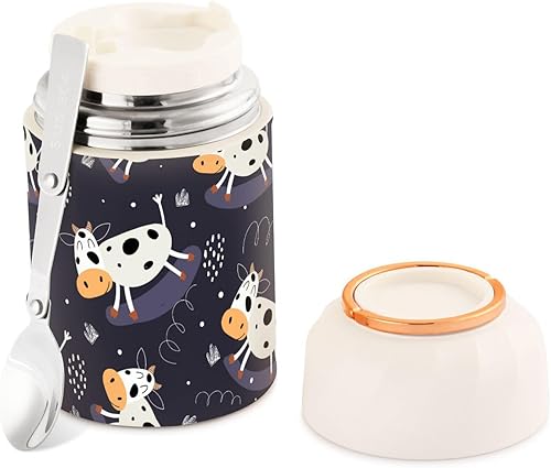 Miniatura 1 de Termo de vacas de leche de dibujos animados para comida caliente, termo aislado de 17 onzas con cuchara plegableasa para sopa infantil, contenedores