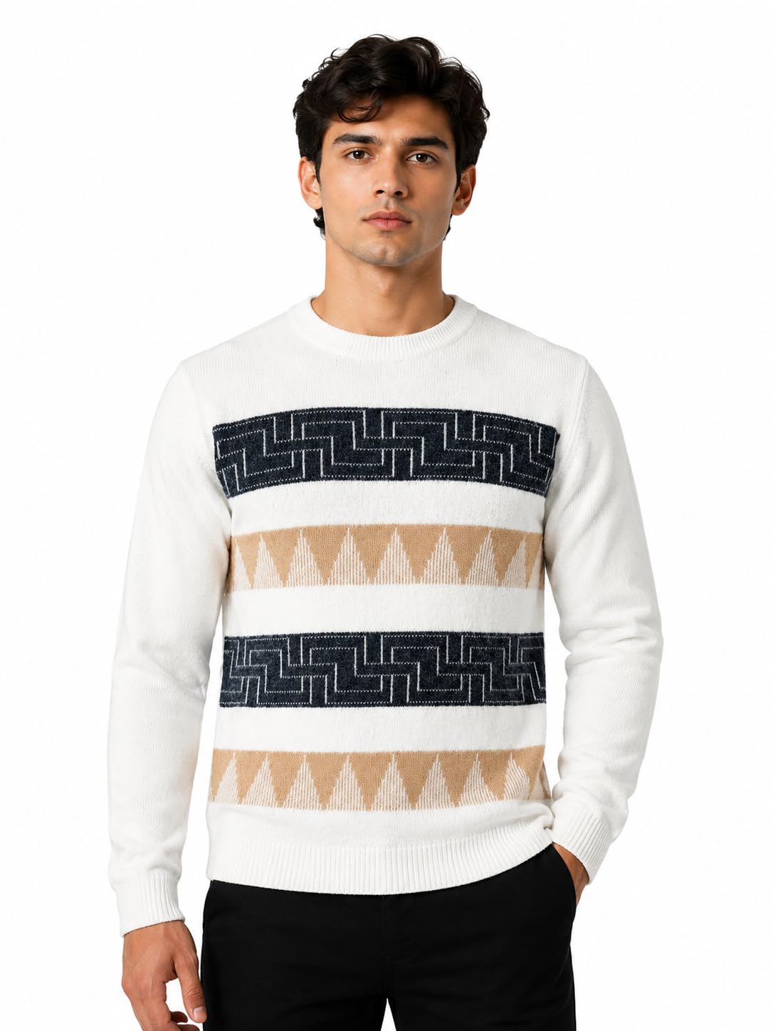 Men's Self Design Round Neck Full Sleeve Soft Knit Winter Pullover | Regular Fit Casual Geometric Pattern Sweater for Men-picture-18