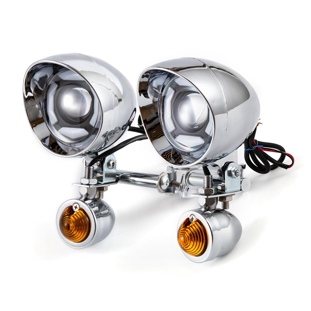 Faro anabbagliante per moto, indicatore di direzione con supporto per cruiser, chopper, cafe racer e moto custom. Gruppo ottico supplementare. (Guscio giallo)