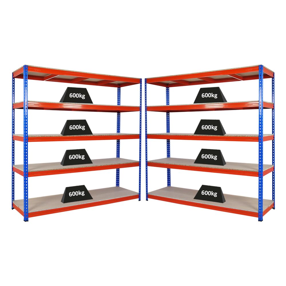 PROREGAL Mega Deal 2X Profi Schwerlastregal Bison, HxBxT 200x200x60cm mit Fachlast 600kg, 5 Fachböden, Blau-Orange, Steckregal Garagenregal Lagerregal Werkstattregal Weitspannregal