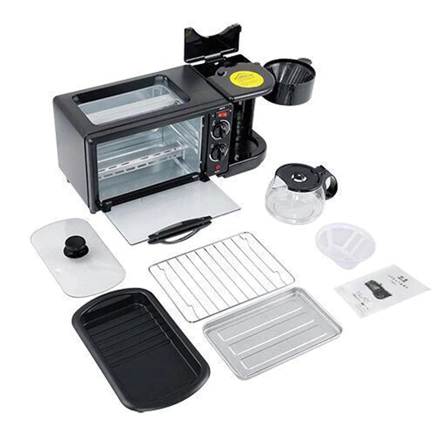 3 IN 1 BREAKFAST MAKER PORTABLE TOASTER OVEN, GRILL PAN & COFFEE MAKER FULL BREAKFAST READY AT ONE GO