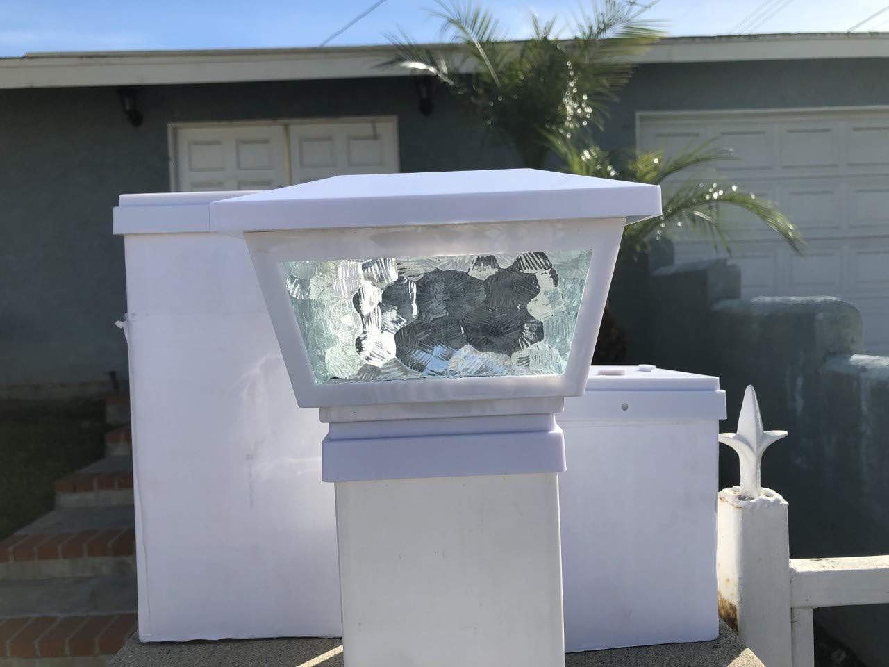 Outdoor Garden Set of 4 Solar Pebbled Print Glass Frame Post Cap SMD LED Light (Optional White/Black/Copper) (Optional 6"x6"/5"x5"/4"x4" Base) (White Finish Color, 4"x4" Base Adapters)