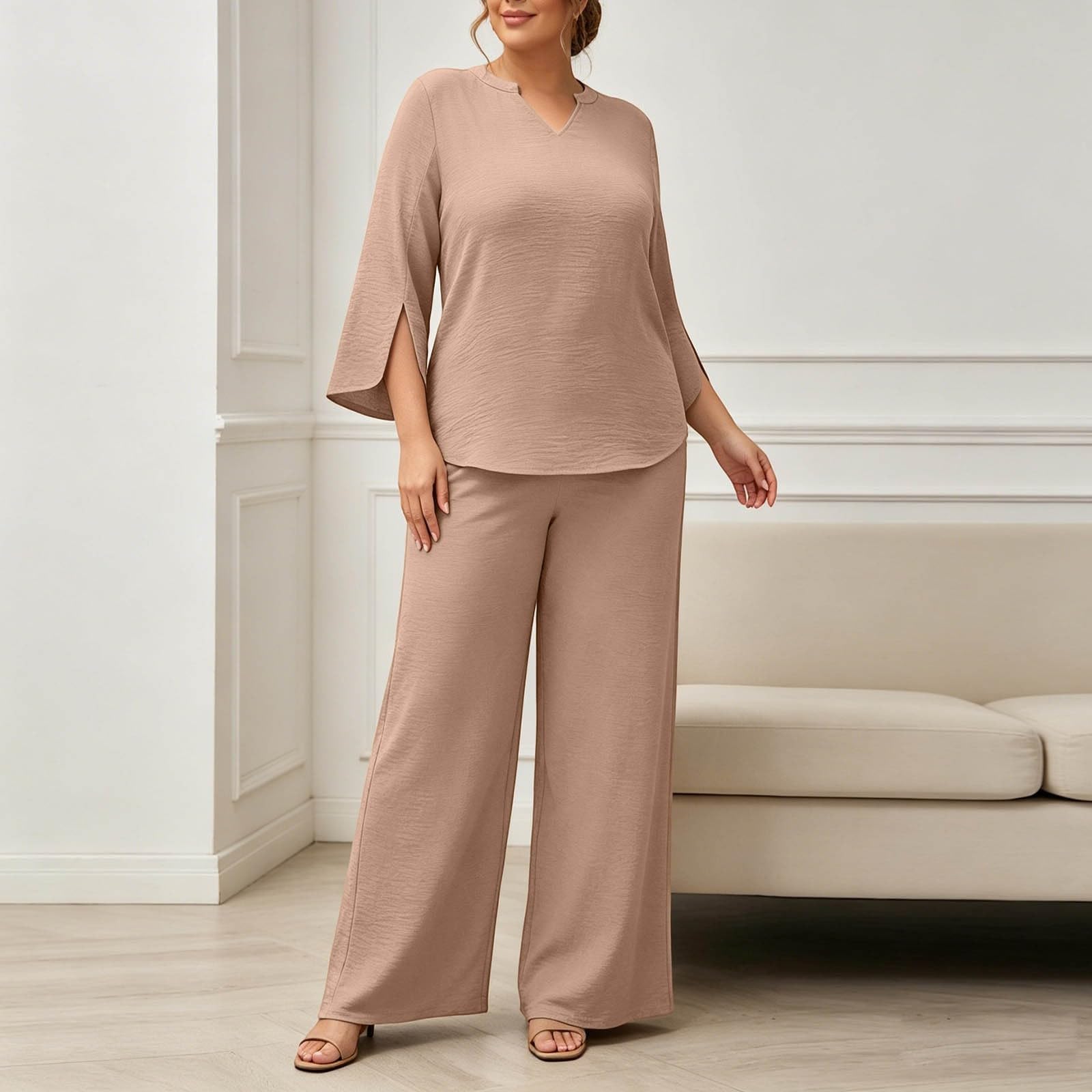 Eleganti Pantaloni Ampi da Abbinare a Pantaloni a Gamba Larga e Maniche Corte. Outfit Casual Coordinato per Tutti i Giorni.