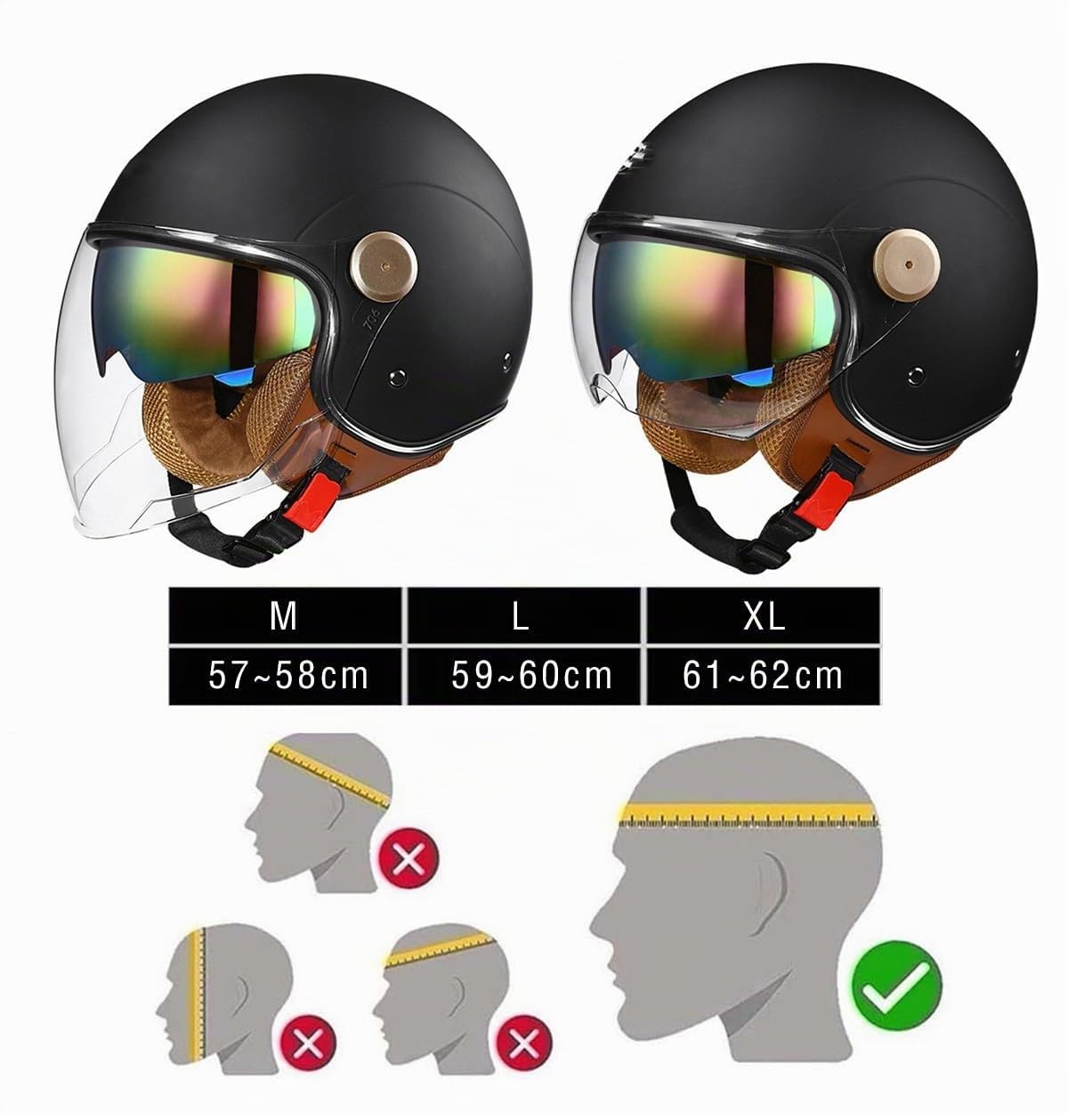 Casque Ouvert Moto 3/4, Casque Unisexe-Adulte Ouvert avec Double Visière Solaire, Demi-Casque Moto Modulable Style Rétro Vintage Approuvé Dot/ECE