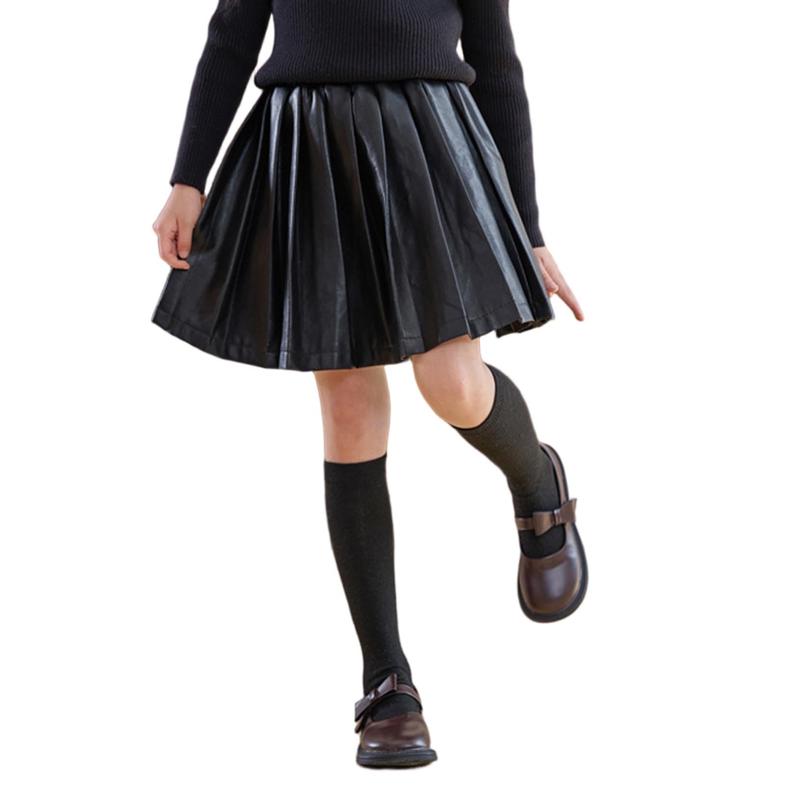 Pu Leather Skirts for Girls Kids Teens Faux Leather Pleated Skirts Elastic Waist A-Line Solid Color Skater Dance Skirt Flare School Uniform Mini Skirt Y2K Preppy Clothing 3-14 Years