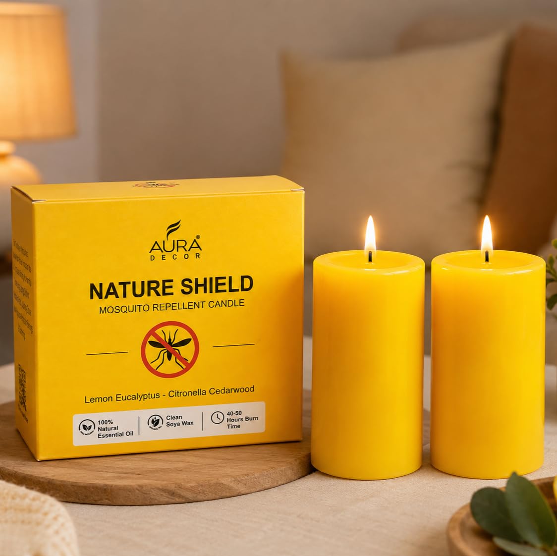 AuraDecor Anti Mosquito Pillar Candle Set of 2 | Mosquito Repellent Candle with Essential Oils | Long Burn & Clean Burn | Natural Paraffin Wax | Scented Candle for Outdoor Use (Pillar Candle)-image-14
