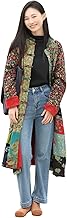 Women’s Flower Patchwork Coat Cotton Linen Trench Coat Women Jacket Vintage Boho Long Overcoat with Pockets