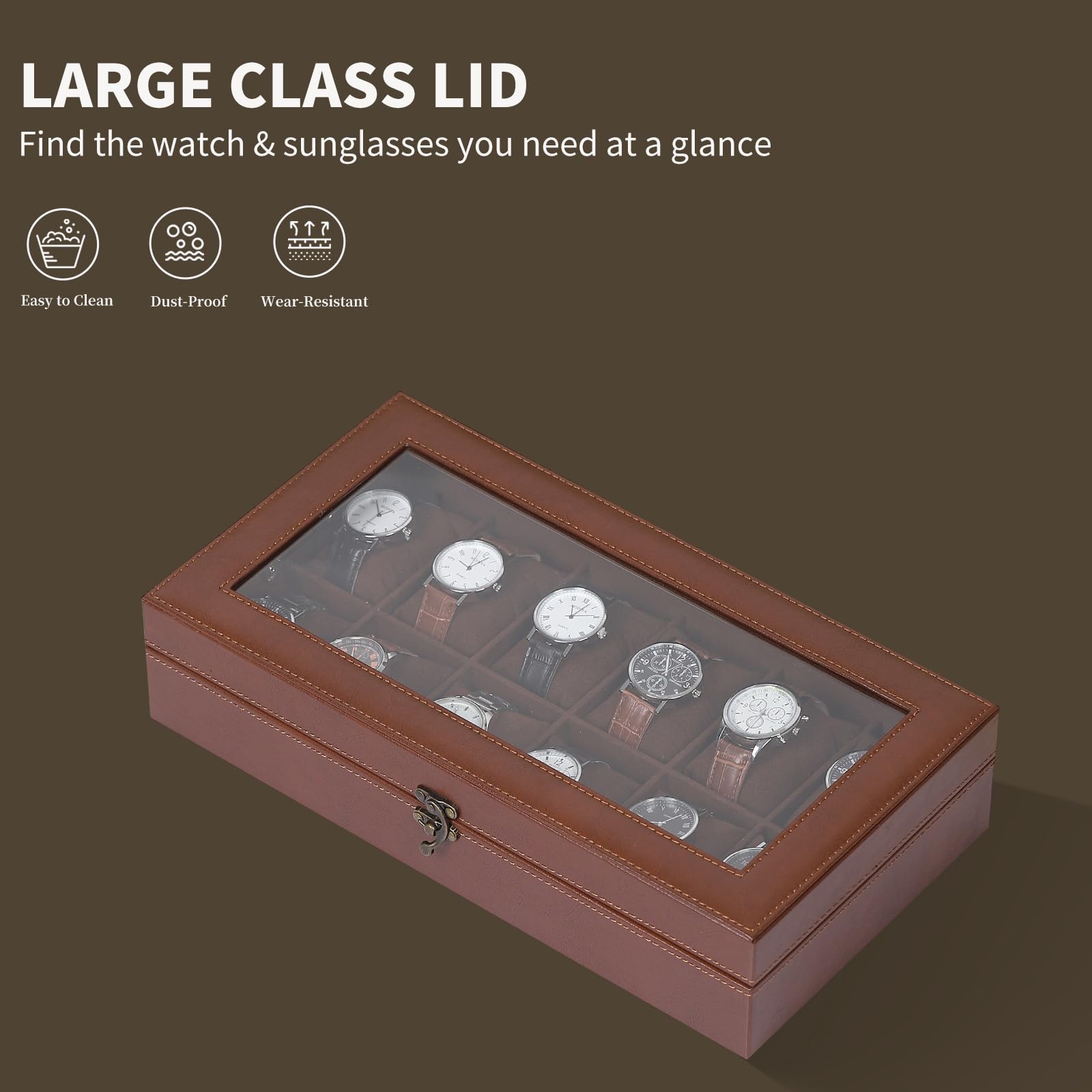 AUTOARK MKAW103 - Caja de reloj de cuero y terciopelo con tapa de cristal, organizador de joyas con cerradura, almohadas extraíbles para reloj, café, MKAW103