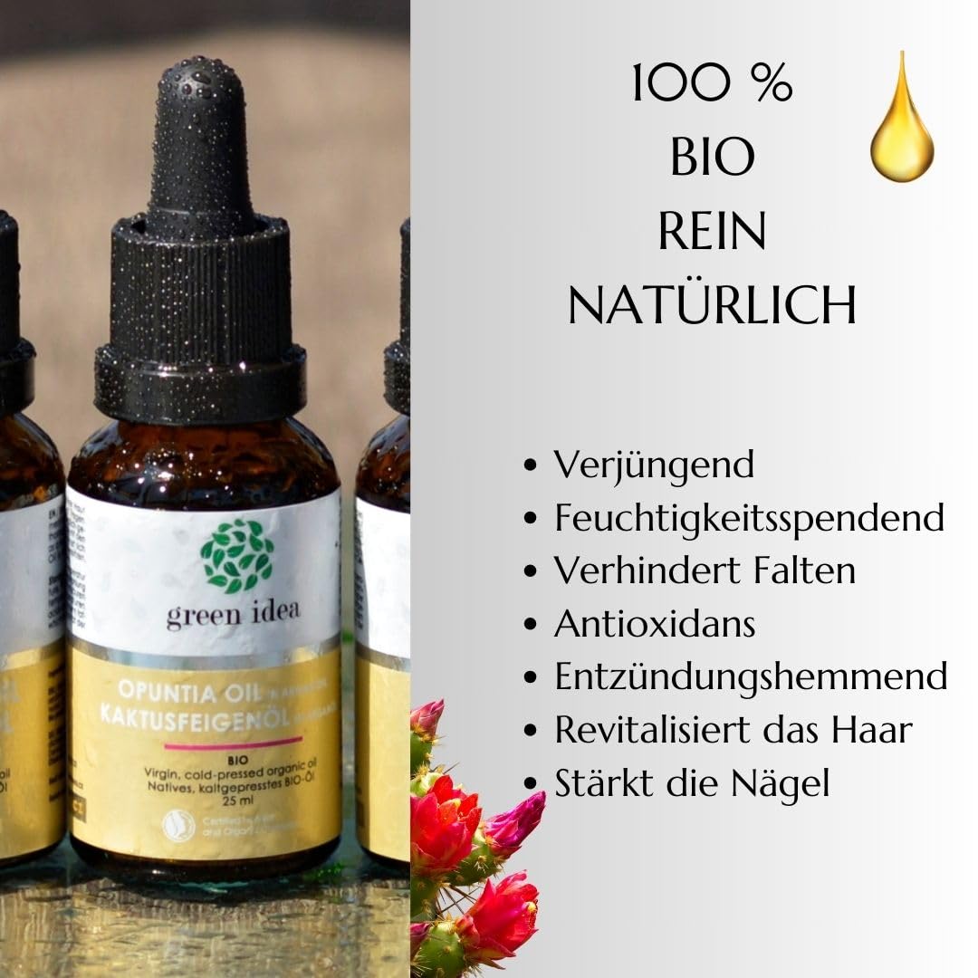 Green idea - Kaktusfeigenkernöl Bio Kaltgepresst mit Arganöl - Natürliches Anti-Aging-Gesichtsöl und Haaröl - Feuchtigkeit für Gesicht mit Antioxidativem Schutz - Gegen Augenringe - NaTrue 25 ml