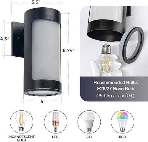 Miniatura 3 de Cerdeco Lámparas de pared negras para exteriores, luz cilíndrica de acero inoxidable para porche con vidrio esmerilado, apliques de pared modernos