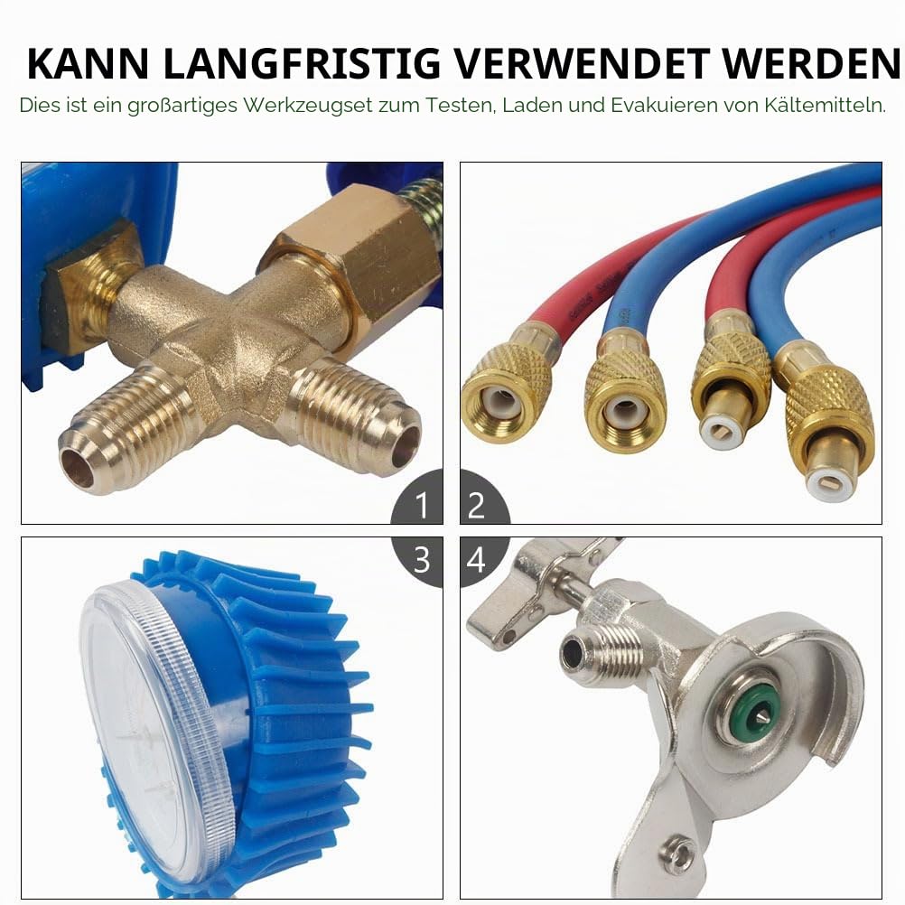 UKCOCO Kältemittel Manometer Set für Auto und Haushalt Klimaanlagen, Monteurhilfe mit Gummi Befüllschlauch und Adapter, 8x8x3cm Messgerät zur Kühlmittel Prüfung