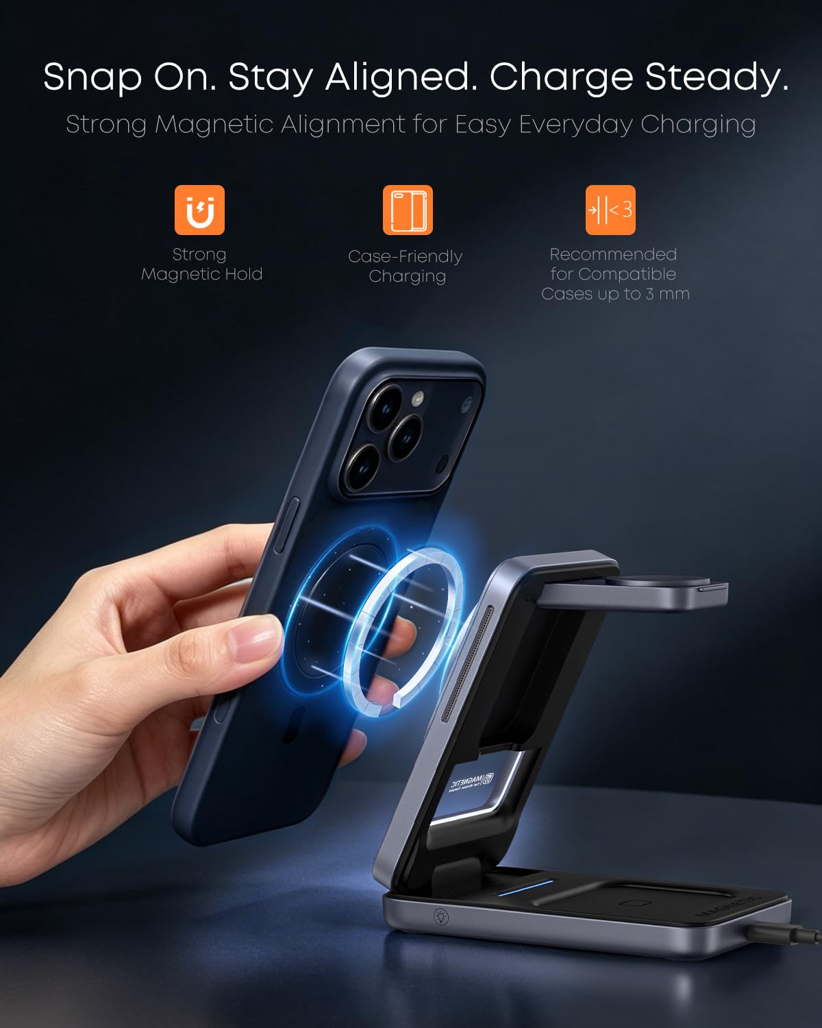 Qi2.2 25W 3-in-1 pieghevole caricatore senza fili magnetico per iPhone, luce notturna | Compatibile con iPhone 17/16/15/14/13/12, Apple Watch e AirPods, adattatore da 45 W + cavo 5A, custodia fino a 3 mm