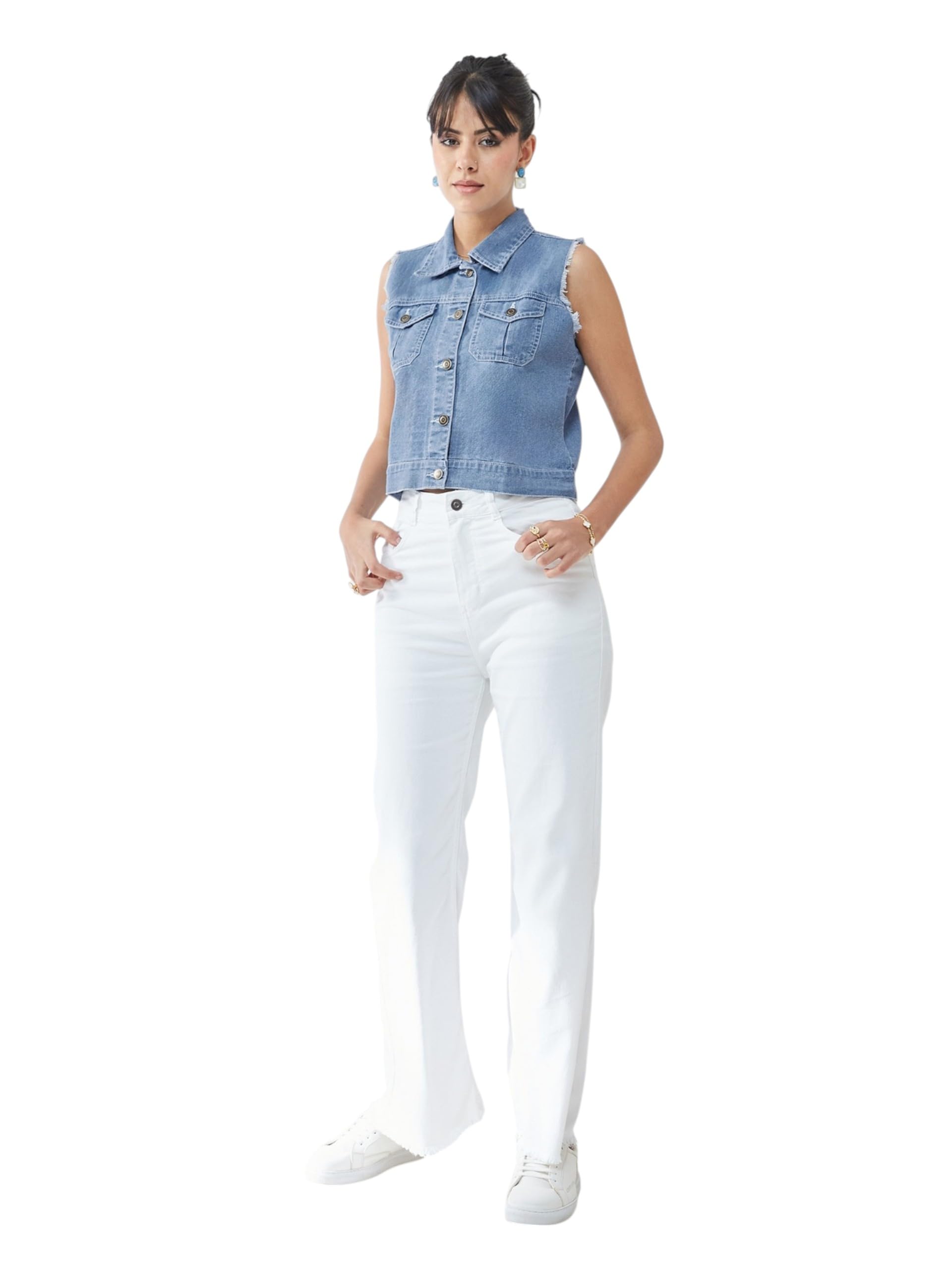 miss chase Women's Light Blue Polo Neck Sleeveless Denim Solid Buttoned Ice Wash Raw Edge Detailing Crop Denim Jacket-picture-16