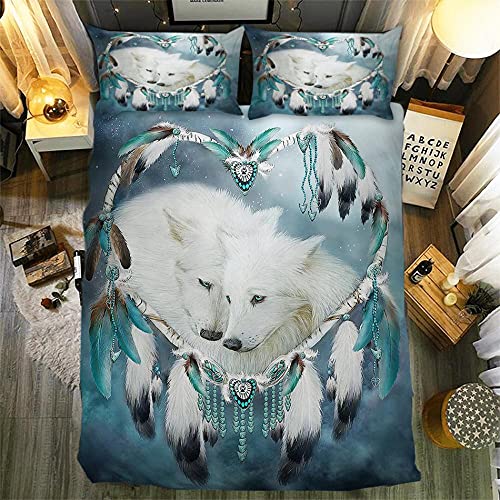 ZZDXW Parure de Lit 220x240 Adulte Loup Attrape-Rêves Turquoise Housses de Couettes Ado Adulte Housse de Couette Fermeture Eclair Parure de Lit 2 Places...