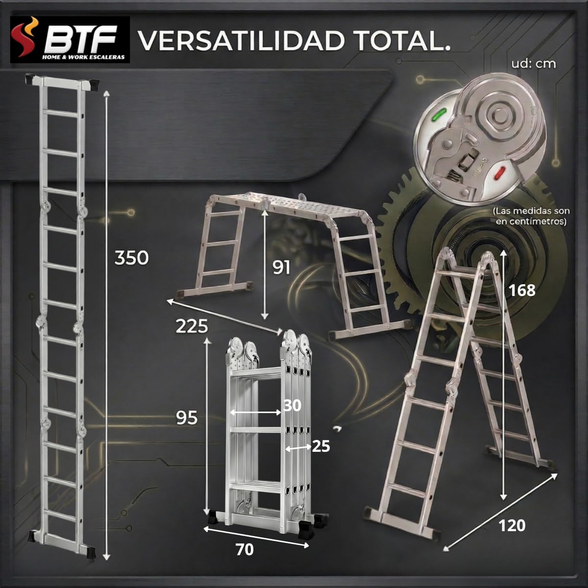 Escalera de Aluminio Multifuncional 5 en 1 Plegable 150 kg BTF-MUP34